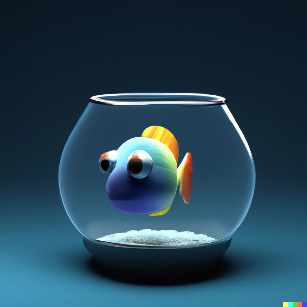 3D render of a cute tropical fish in an aquarium on a dark blue background digital art